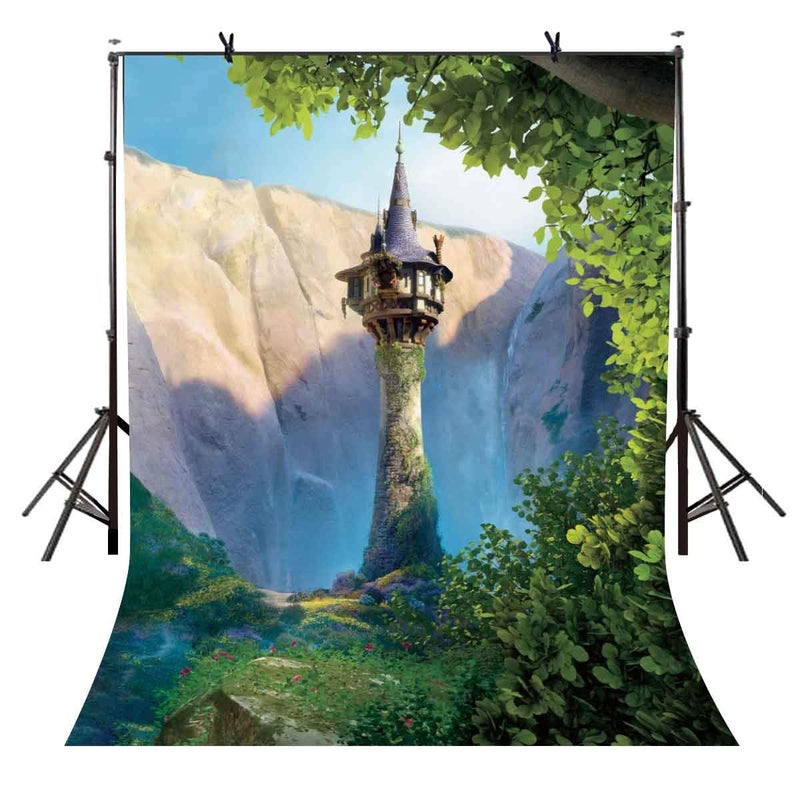 EOA 5(W) x7(H) FT Cartoon Princess Tower Backdrop Fairytale Story Rapunzel Photography Background Baby Shower Children Kids Birthday Party Events Cake Table Decoration Photoshot Props - Image 1